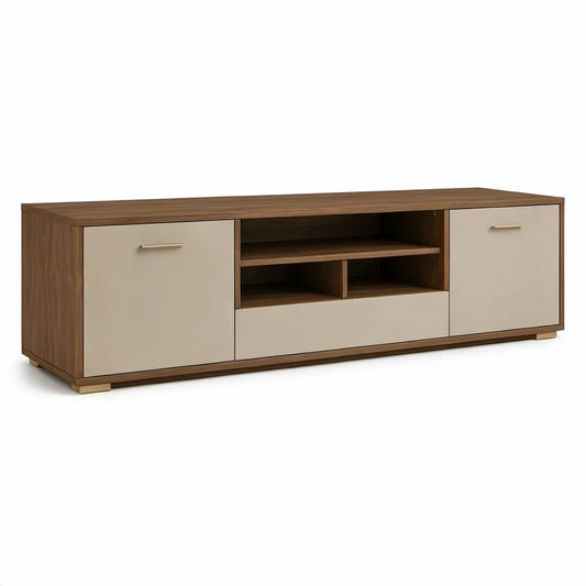TV stolek z laminované MDF v ořechové, béžové a zlaté barvě, 180 × 40 × 50 cm