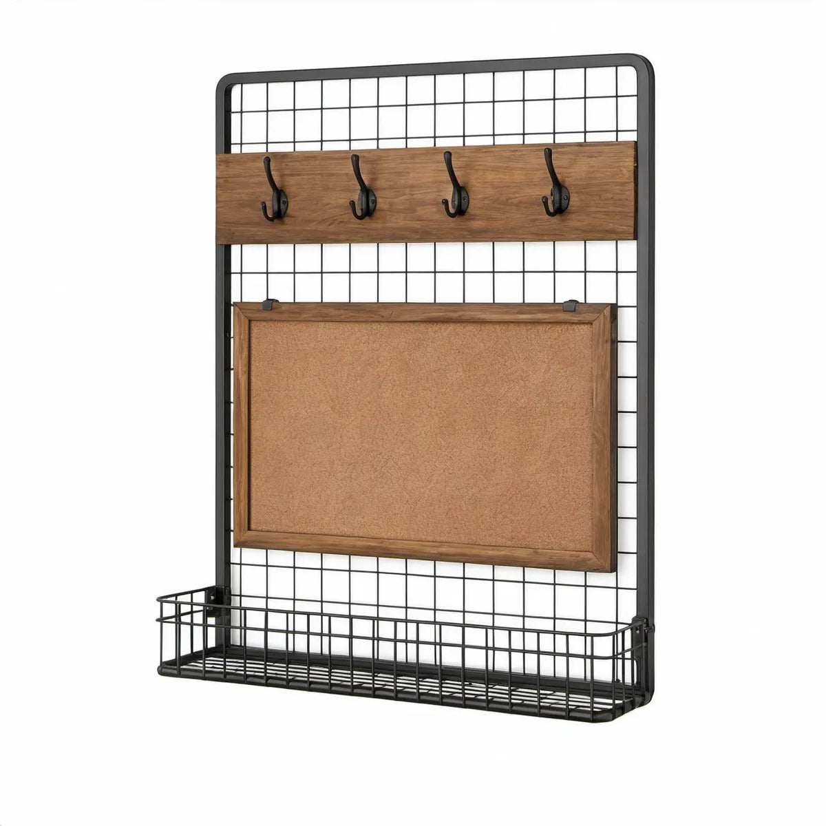 Nástěnný organizér s korkovou nástěnkou, 4 dvojitými háčky a košíkem 75 × 100 × 12 cm, černý/hnědý