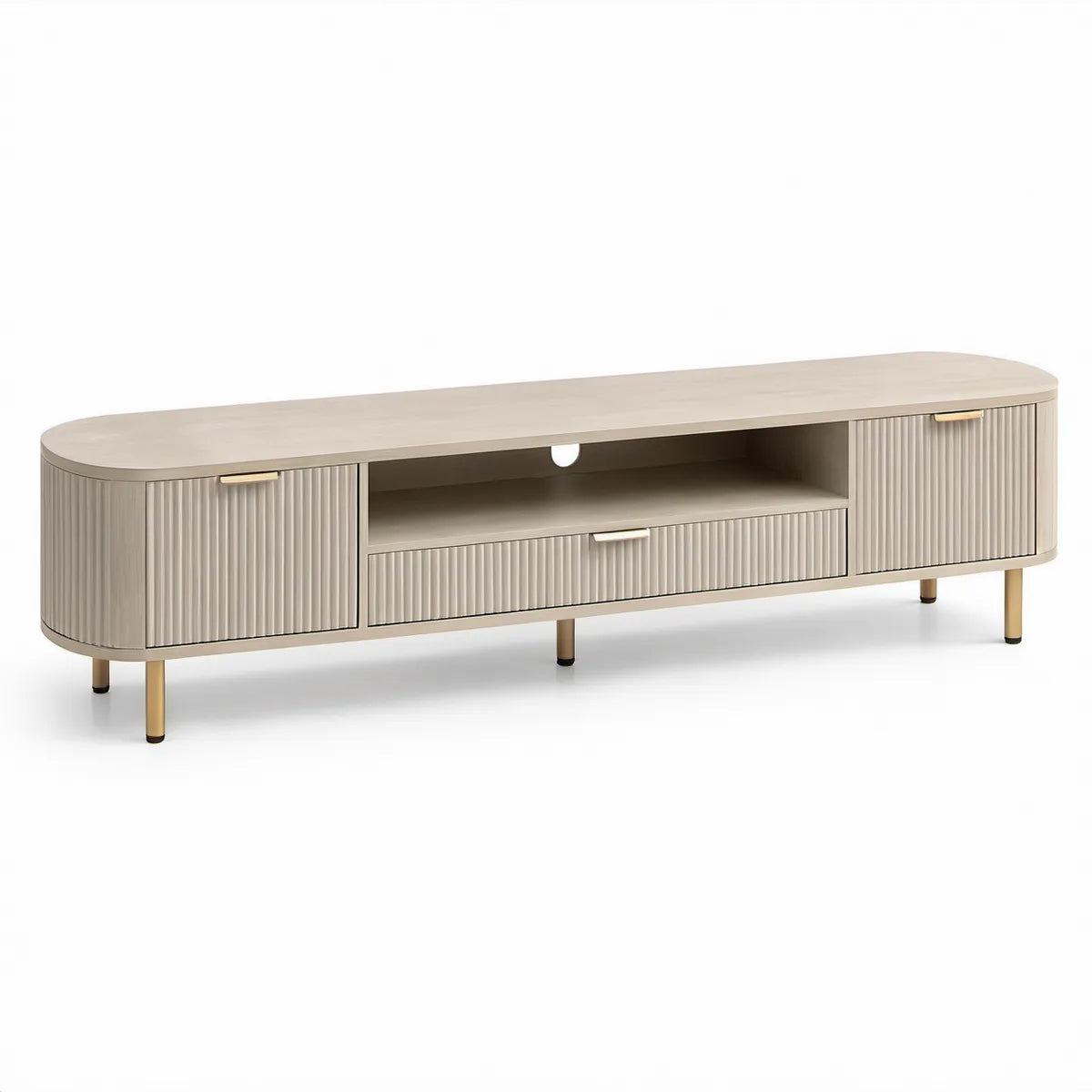 Televizní stolek 180 × 40 × 55 cm z MDF, béžový se světle hnědou deskou a zlatými ocelovými nohami