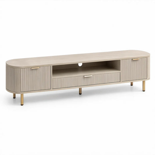 Televizní stolek 180 × 40 × 55 cm z MDF, béžový se světle hnědou deskou a zlatými ocelovými nohami