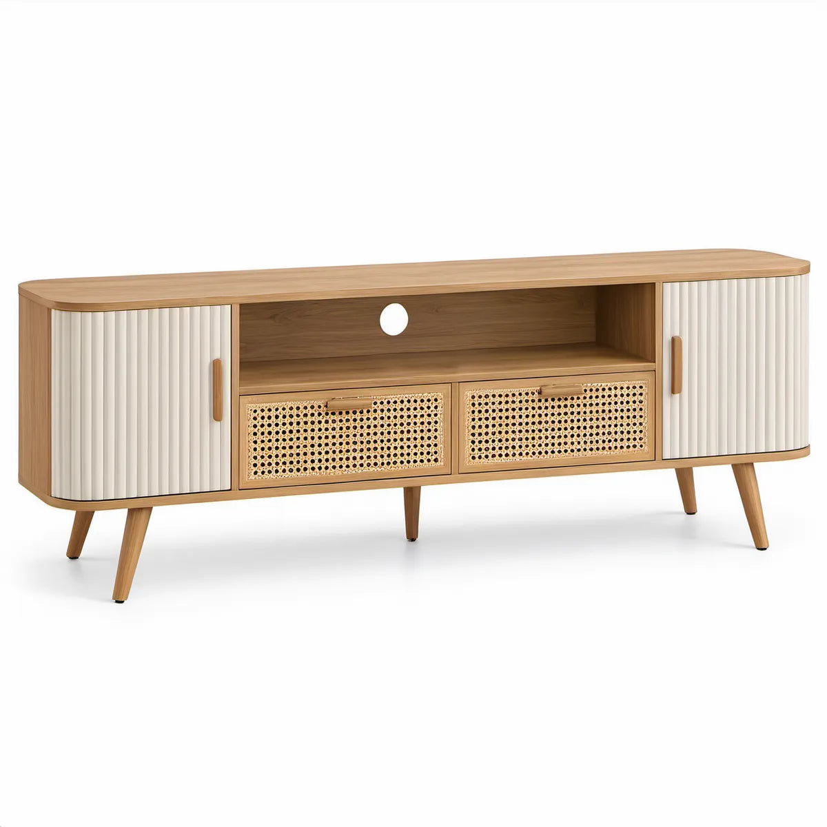 TV stolek 180 × 40 × 75 cm z MDF s dubovou dýhou, přírodní dub/bílá/přírodní ratan